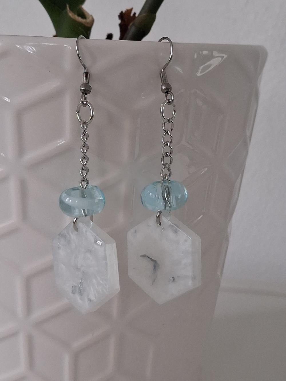 Silver-Tone Drop Earrings with Light Blue Bead and White Hexagon Pendant